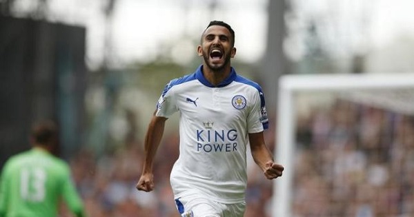 Riyad Mahrez celebrates scoring a goal for Leicester.