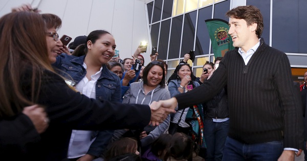 Prime Minister Justin Trudeau greets the crowd after a meeting with the File Hills Qu'Appelle Tribal Council in Fort Qu'Appelle, Saskatchewan, Canada on April 26, 2016.