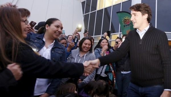 Prime Minister Justin Trudeau greets the crowd after a meeting with the File Hills Qu'Appelle Tribal Council in Fort Qu'Appelle, Saskatchewan, Canada on April 26, 2016.