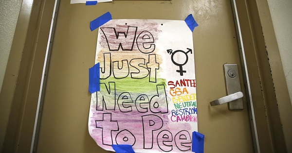 A protest sign on a bathroom at the Santee Education Complex high school in Los Angeles.