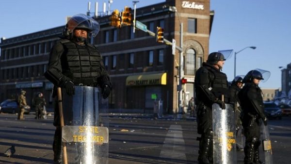 Baltimore state troopers stand guard on Pennsylvania Avenue.