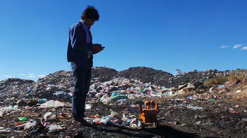 Esteban Quispe made his robot Wall-E from discarded e-waste at his local dump.