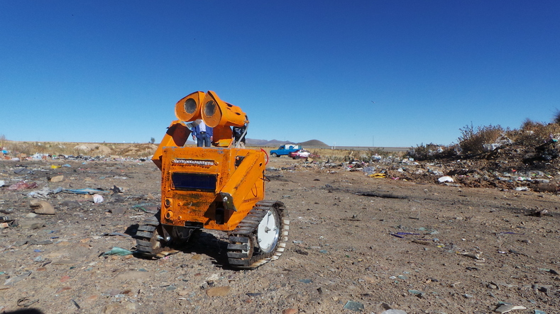 Esteban's Wall-E was made from old bicycle parts, discarded cell phone screens and christmas lights.