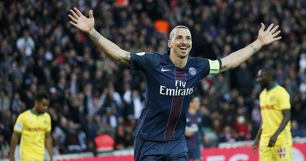 Zlatan Ibrahimovic celebrates after scoring a goal  for Paris St Germain v Nantes May, 14. 2016.