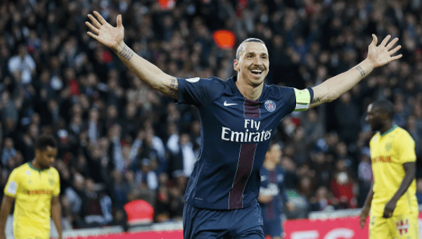 Zlatan Ibrahimovic celebrates after scoring a goal  for Paris St Germain v Nantes May, 14. 2016.