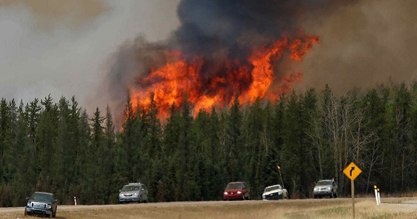 A wildfire burns as evacuees who were stranded north of Fort McMurray, Alberta, Canada head south of Fort McMurray on Highway 63.