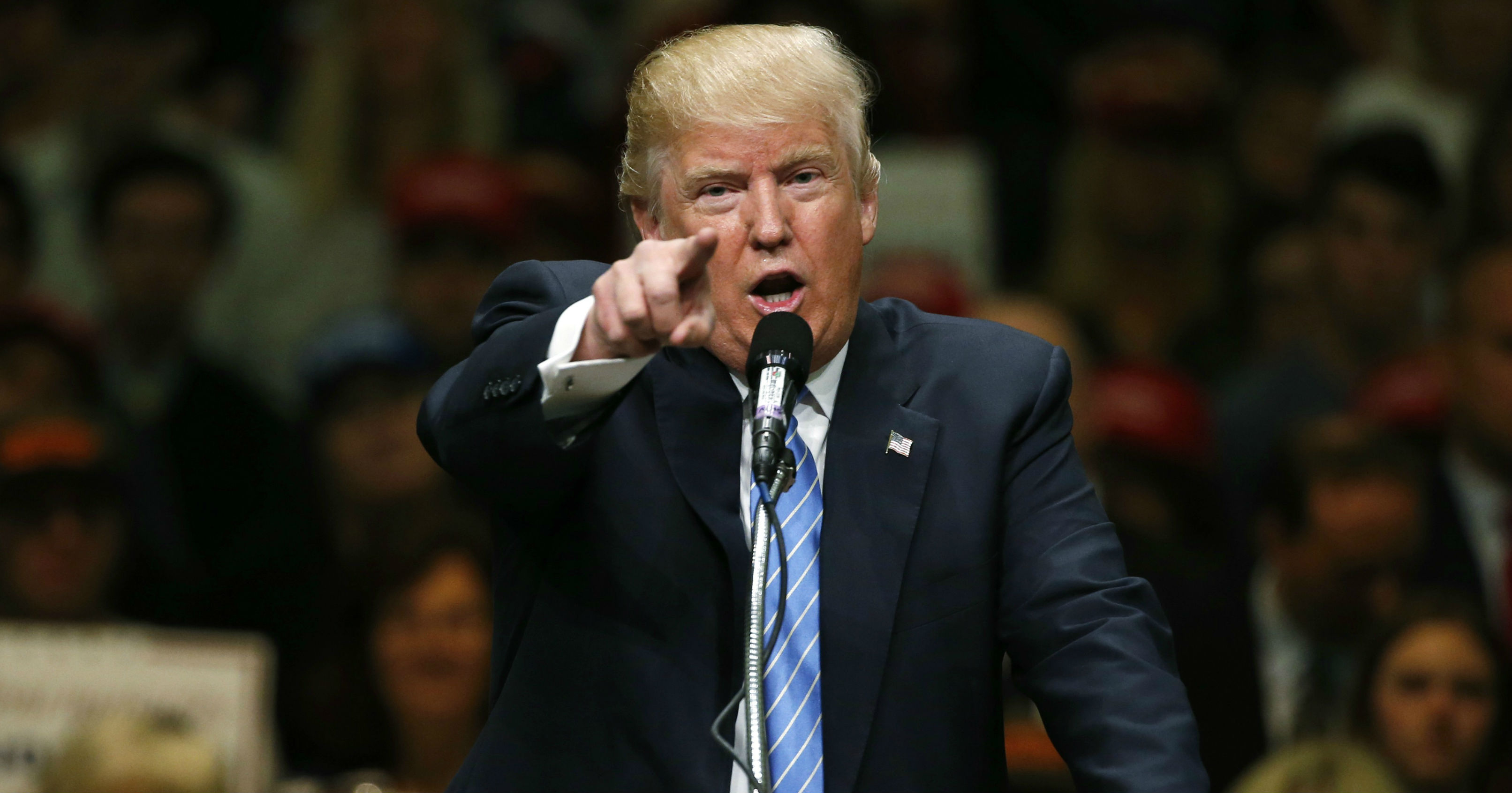 Trump gestures during a campaign event, May 26, 2016