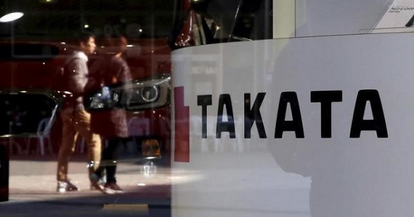 A logo of Takata Corp is seen with its display in Tokyo