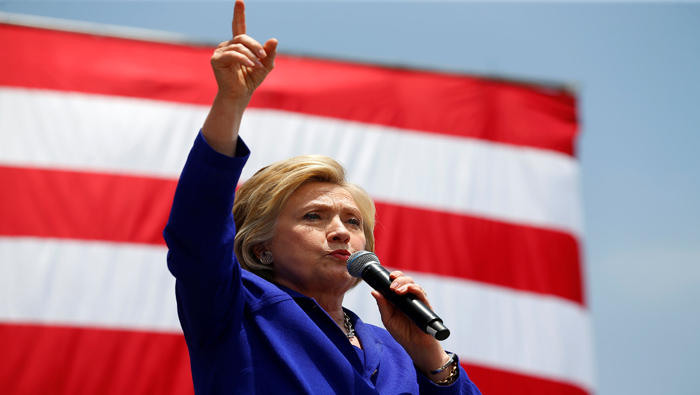 U.S. Democratic presidential candidate Hillary Clinton greets the crowd at a campaign rally at the Greek Theatre in Los Angeles, California, U.S. June 6, 2016.