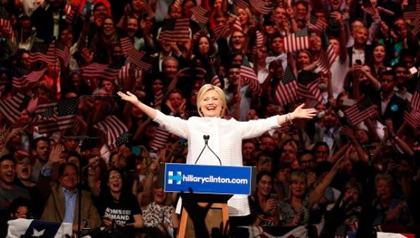 Democratic U.S. presidential candidate Hillary Clinton at her California primary night rally held in New York, U.S., June 7, 2016. 