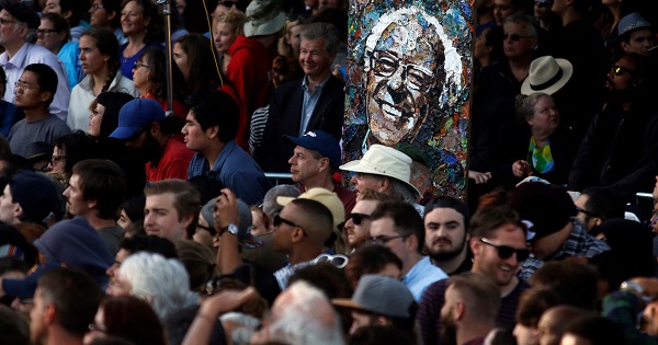 Bernie Sanders artwork by Amanda Burkman is displayed during the candidate's campaign rally at Colton Hall in Monterey, California, May 31, 2016.