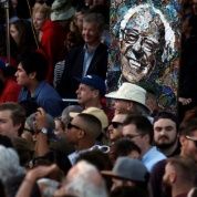 Bernie Sanders artwork by Amanda Burkman is displayed during the candidate's campaign rally at Colton Hall in Monterey, California, May 31, 2016.