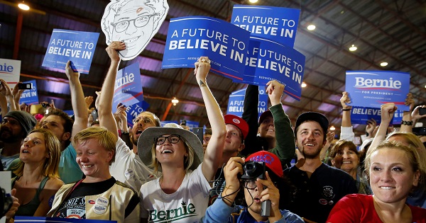 Supporters cheer at Bernie Sanders during the California presidential primary