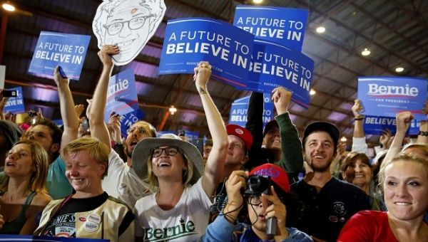 Supporters cheer at Bernie Sanders during the California presidential primary