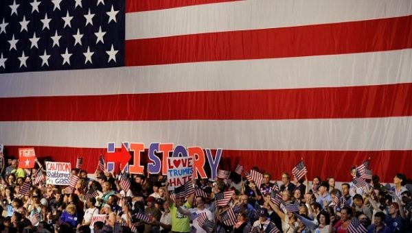 Supporters gather to hear Hillary Clinton speak during her California primary night rally held in the Brooklyn borough of New York.