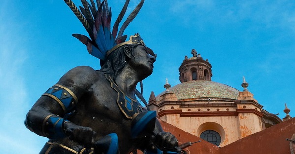 A statue of an Otomi warrior seen in  Santiago de Queretaro, Mexico.