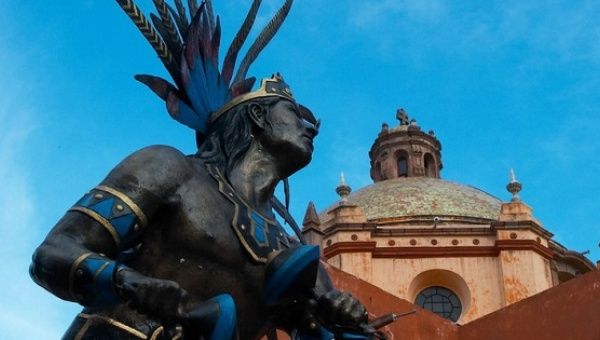 A statue of an Otomi warrior seen in  Santiago de Queretaro, Mexico.