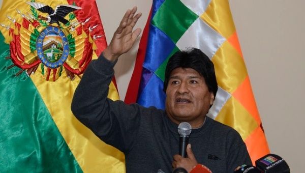 Bolivian President Evo Morales addresses the media during a press conference from the presidential palace, La Paz, Bolivia, June 30, 2016.