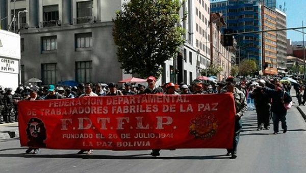 Textile workers march in support of Enatex workers in La Paz, Bolivia. 