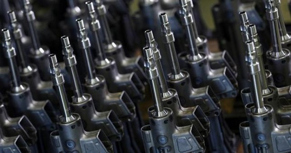 Parts for the Heckler & Koch MG 5 machine gun are pictured during a guided media tour at their headquarters in Oberndorf, 80 kilometers southwest of Stuttgart, Germany, May 8, 2015.