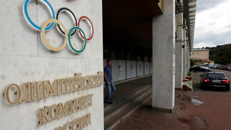 A man walks out of the Russian Olympic Committee headquarters building in Moscow, Russia, July 20, 2016.