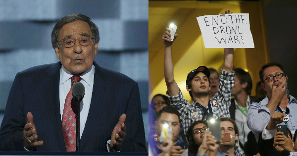 Panetta spoke as anti-war protesters chanted.