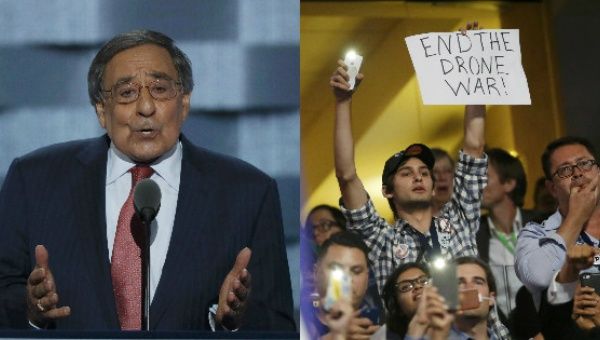 Panetta spoke as anti-war protesters chanted. 