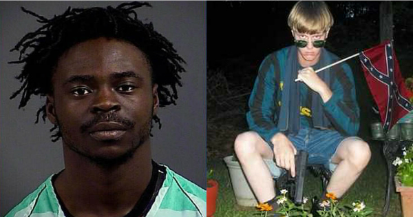 Dwayne Stafford (left) escaped from his cell and punched Dylann Roof (right), photographed holding a pistol and Confederate flag.