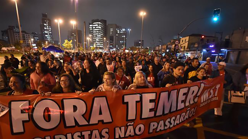 Union members and social activists demonstrate against President Michel Temer in Sao Paulo, September 8, 2016. 