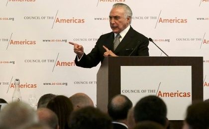 Brazilian President Michel Temer addresses attendees at a luncheon hosted by the Council of the Americas in Manhattan, New York, U.S., September 21, 2016.