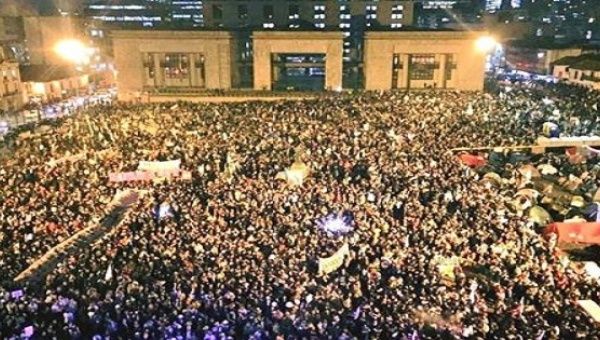 Bolivar Square in Bogota filled with Colombians calling for peace.