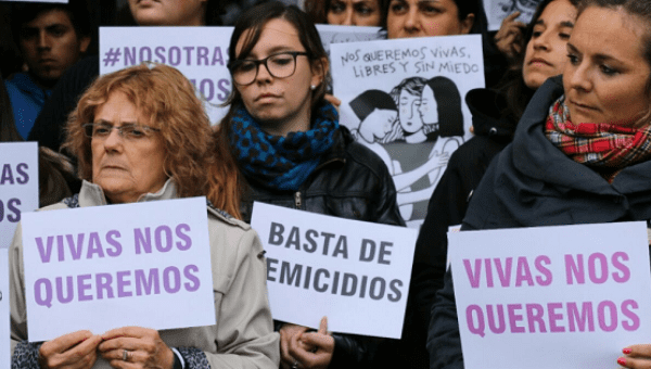 Women join the national strike against femicide in Argentina in San Carlos de Bolívar, Buenos Aires Province, Sept. 19, 2016.