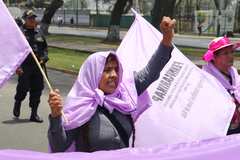 The women sang traditional protests songs, singing “Dear flag, dear Peruvian flag, we all will march for you and we will triumph.” 