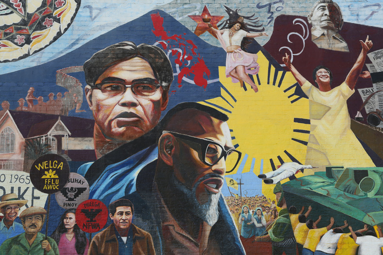 Street art in Unidad Park, Filipinotown, Los Angeles, depicting Philip Vera Cruz, Cesar Chavez and Larry Dulay Itliong.