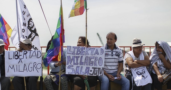 Several human rights and Indigenous organizations during a protest to demand the release of Milagro Sala in Buenos Aires, Sept. 2016