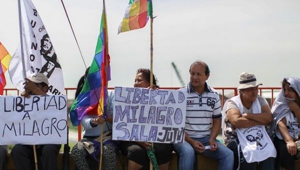 Several human rights and Indigenous organizations during a protest to demand the release of Milagro Sala in Buenos Aires, Sept. 2016