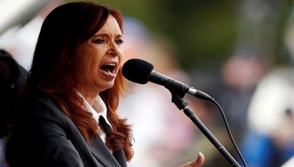 Former Argentine President Fernandez speaks during a rally outside the Federal Justice building where she attended court in Buenos Aires, Argentina.