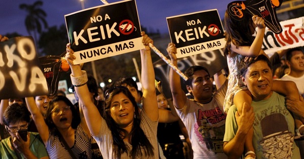 People protest against presidential front runner, and daughter of former dictator, Keiko Fujimori in downtown Lima, Peru March 11, 2016.