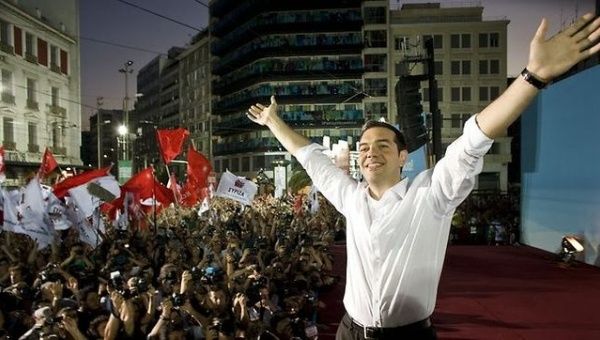 Alexis Tsipras celebrating his victory that elected him prime minister of Greece.