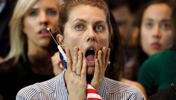 Supporters of Hillary Clinton react at her election night rally in Manhattan. 