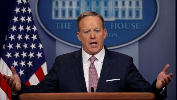 White House Press Secretary Sean Spicer responds to a question during his first press briefing in the White House in Washington, DC.