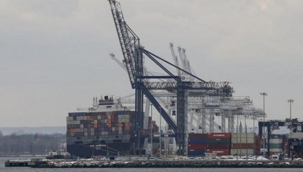 A cargo ship is pictured in port during a stoppage at New Jersey docks, Jan. 29, 2016.