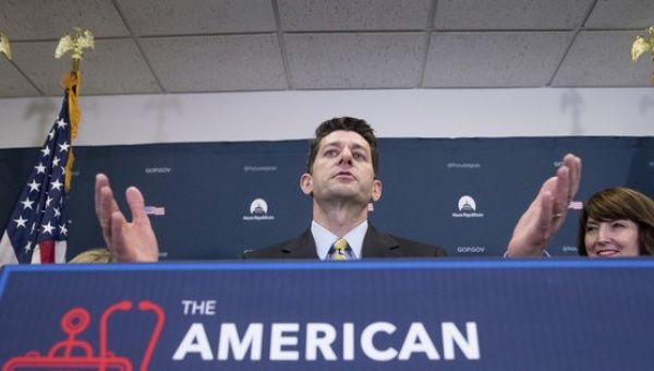 House Speaker Paul Ryan speaks at a news conference following a GOP party conference, March 15, 2017. 