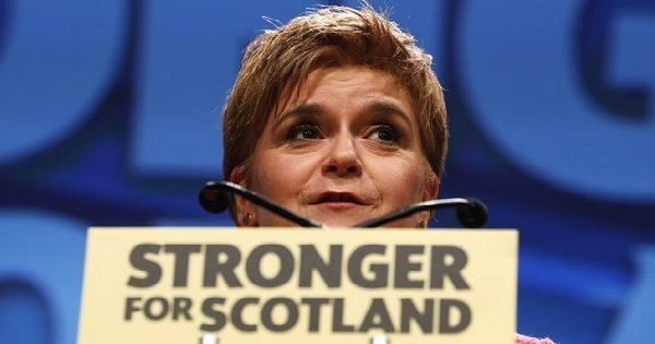 Party leader Nicola Sturgeon speaks at the Scottish National Party's conference in Aberdeen, Scotland, March 18, 2017.