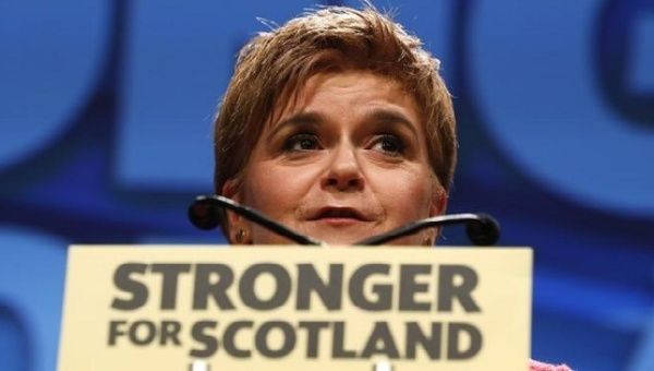 Party leader Nicola Sturgeon speaks at the Scottish National Party's conference in Aberdeen, Scotland, March 18, 2017. 