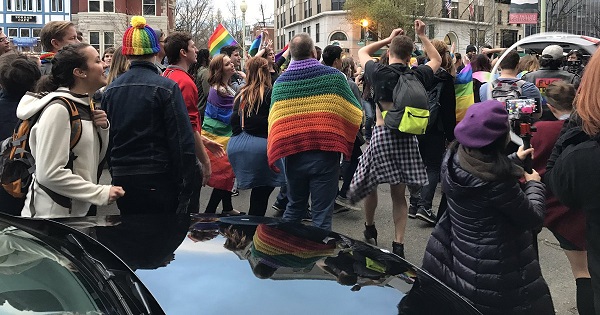 Queer Dance Party for Climate Justice protestors marching to Ivanka Trump's Washington, D.C. mansion. April 1, 2017