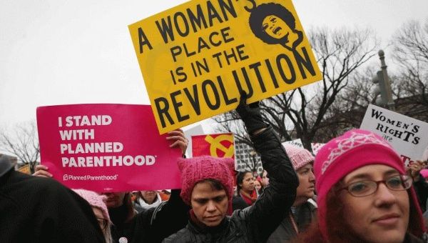 Protesters march during the Women's March on Washington on January 21, 2017 in Washington, DC.