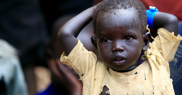 A child displaced due to fighting in South Sudan arrives in Lamwo after fleeing fighting in Pajok town across the border in northern Uganda, April 5, 2017.