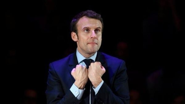 Emmanuel Macron giving a speech in London, Britain, February 21, 2017