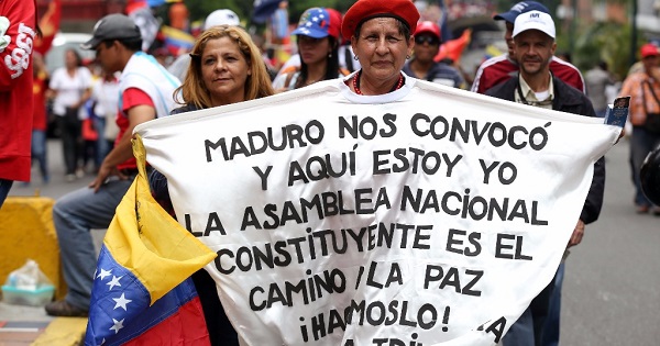 Protesters in Caracas, Venezuela march in defense of the national constituent assembly.